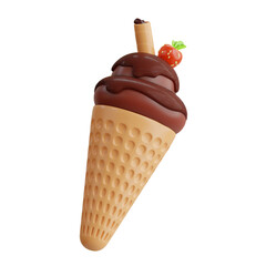 Delicious Chocolate Ice Cream Cone with Strawberry Garnish and Wafer Stick on Transparent Background A Sweet Frozen Treat Perfect for Summer Advertising