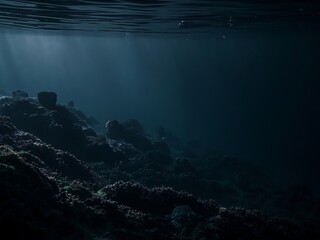 Mysterious dark underwater seascape with coral reef and sunlight rays penetrating deep ocean water. Generative AI.