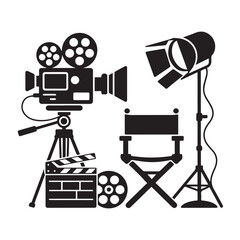 Obraz premium Vector art of filmmaking equipment including vintage camera, spotlight, director chair, and clapperboard