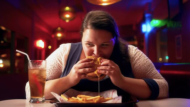 Plump young woman devouring a delicious cheeseburger with melting cheese, sitting at a table in a neon-lit diner with fries and a soda, representing overeating and unhealthy lifestyle