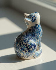 Blue cat porcelain figurine on a light background