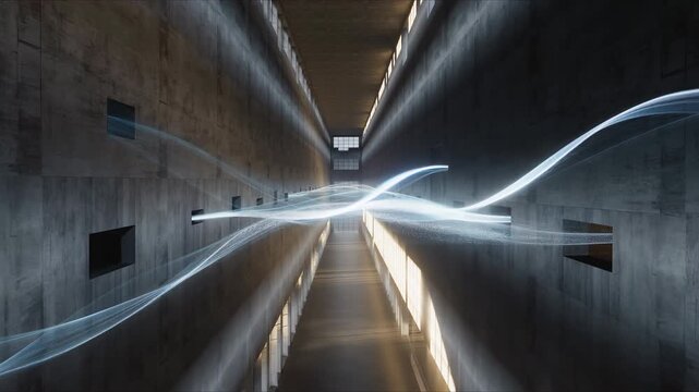 A slow drone shot inside a brutalist building reveals glowing streams of invisible airflow tracing the geometry of corridors and vents. The energy flows interact with beams of sunlight, creating a mes