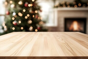 Obraz premium Close-up wooden table top foreground blurred background living Empty