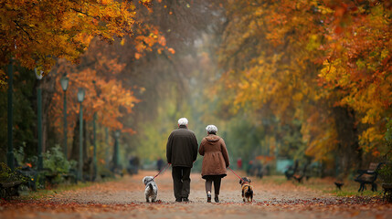 Elderly couple walking dogs autumn park colorful leaves peaceful scene outdoor happiness