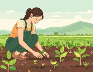 Minimalist Line Art of Rural Woman Planting Seedlings – Modern Outline Style