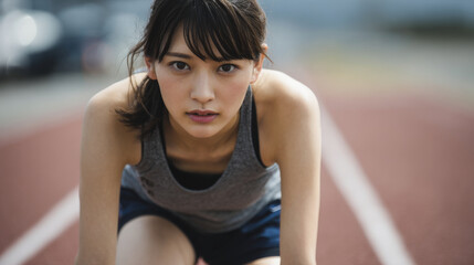 Athlete preparing for sprint track field action shot outdoor stadium low angle sports motivation