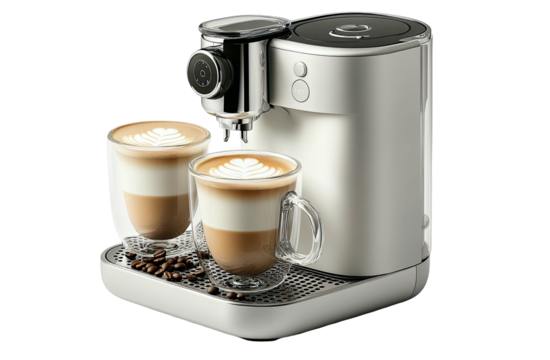 Coffee machine with two lattes showing layers, beans on the tray