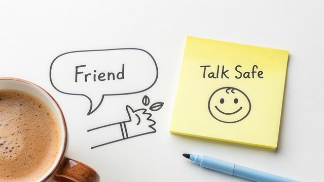 A smiling doodle face with talk safety notes and text