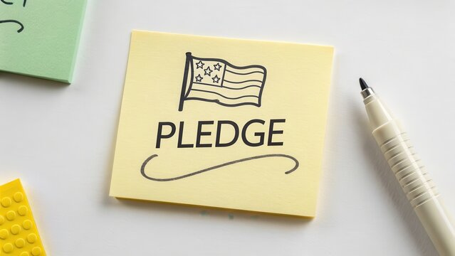 A sticky note with the Pledge of Allegiance and an American flag