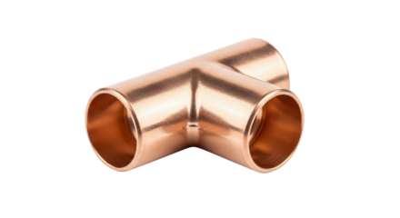 Copper tee pipe fitting for plumbing and construction isolated PNG with Transparent Background