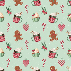 Cute hand drawn winter holiday pattern design. on a green background. Print for wallpaper, cards, fabric, wrapping paper, backgrounds, textures