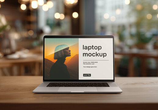 Laptop in a cafe or bar on a table mockup