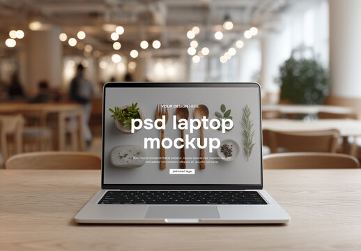 Front view laptop mockup in a restaurant or cafe mockup