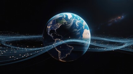 Digital earth with glowing blue data streams in outer space