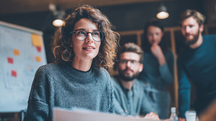 Team collaboration meeting office space professional discussion indoor environment engaging viewpoint leadership dynamics