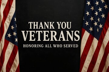 Thank you veterans message with american flags on black background