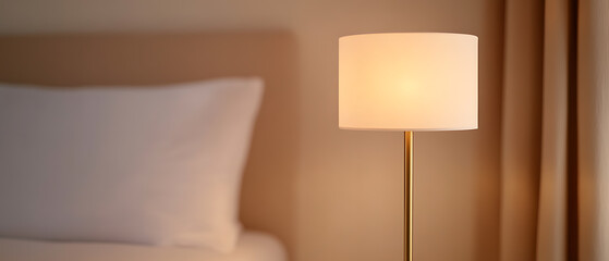 Cozy ambiance in a bedroom, featuring a bedside lamp emitting a soft glow next to a plush pillow and neutral curtains for a peaceful mood.