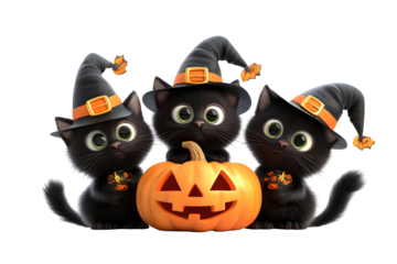 Black cats trio with pumpkin in halloween costumes for festive design