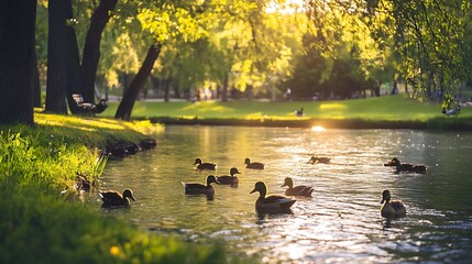 Ducks swimming in a sunlit pond surrounded by lush green trees