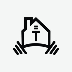 Black house icon with letter T and barbell on white background 