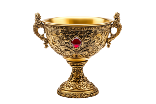 Elegant golden chalice with intricate ornamental design for decorative display or religious ceremony