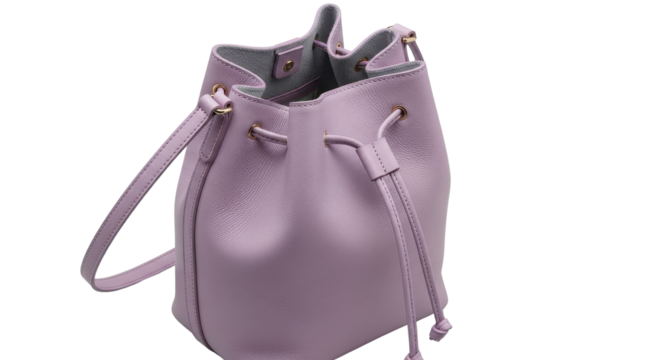 Lilac drawstring bucket bag for fashion and style isolated PNG with Transparent Background