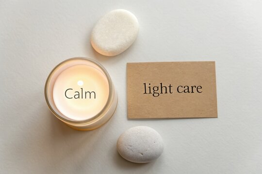 Overhead flat lay of a lit candle and pebbles on white surface - Powered by Adobe