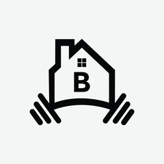 Black letter B inside house outline with barbell weights on white background 
