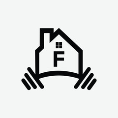 Black letter F inside house outline with barbell base logo 