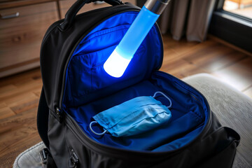 UV sanitizing wand over open travel bag with mask.