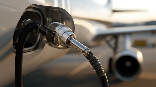 An aircraft receives refueling from a nozzle, showing the connection point on the plane and the fuel hose. Aviation industry, aircraft maintenance.
