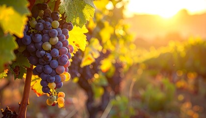 Close-up of ripe grapes with vines in a sunlit vineyard during golden hour