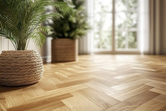 Wooden floor room large window background is made Hallway with natural wood