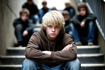 Young boy sitting set stairs his arms crossed Depressed school