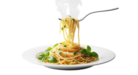 Spaghetti with fresh basil on a plate served on a fork isolated PNG with Transparent Background