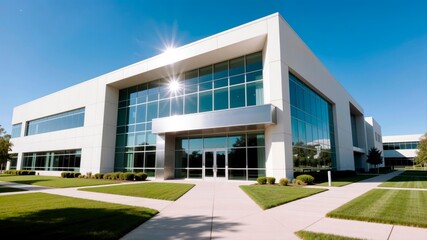 Modern white corporate office building exterior on a sunny day.