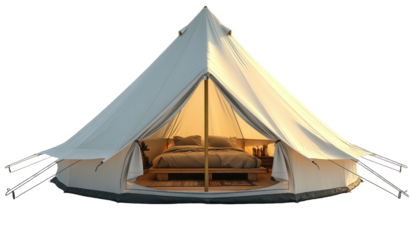 Canvas bell tent revealing a bed and glowing interior on a black backdrop