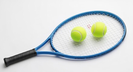 Tennis racket with two yellow balls resting on strings, clean backdrop