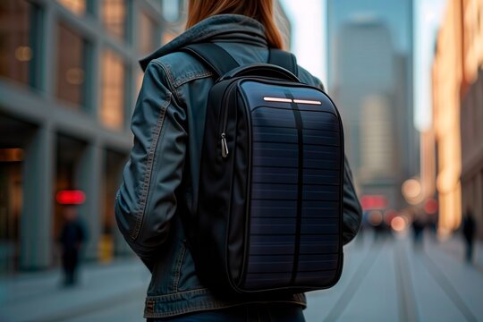 Person with a solar panel backpack walking on a city street.