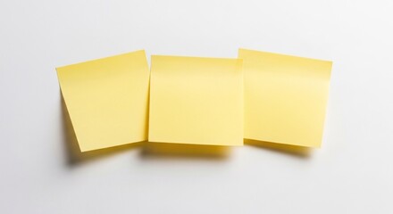 Three yellow adhesive notes on a plain white surface, creating a neat row