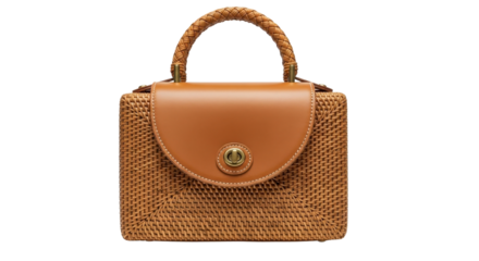 Wicker handbag with leather flap isolated PNG with Transparent Background
