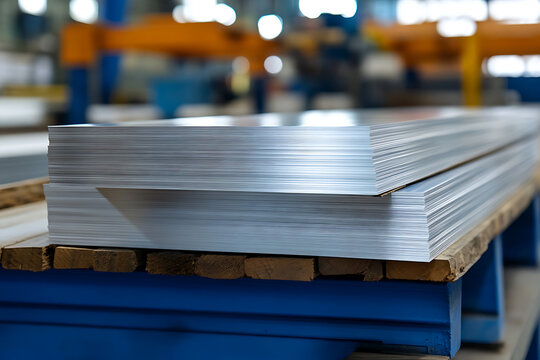 Stacks of industrial metal sheets on a pallet in a factory setting. Shiny and smooth materials prepared for processing and manufacturing.