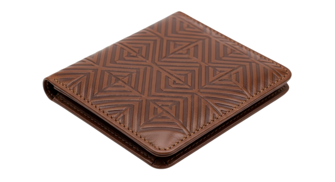 Brown leather wallet with geometric pattern isolated PNG with Transparent Background