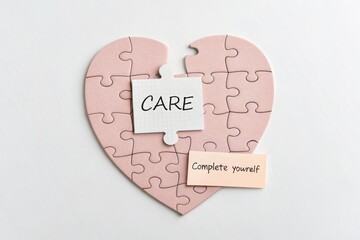 Puzzle heart with missing piece labeled Care showing completion