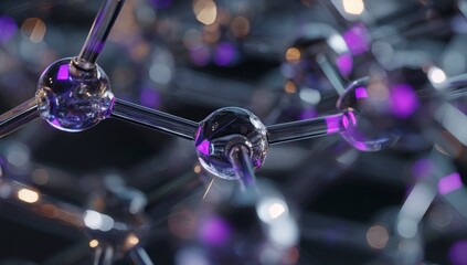 Molecular structure: Spherical nodes linked by tubular elements, bathed in purple and white light, illustrating scientific connectivity