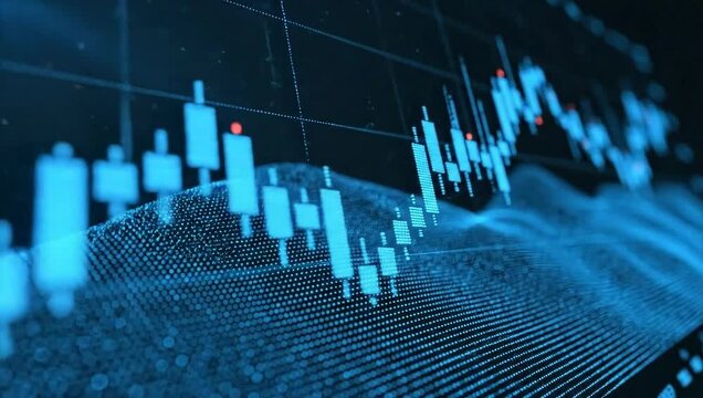 Blue candlestick chart with red indicators on a dark background with dot matrix pattern