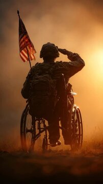 A soldier in a wheelchair salutes the American flag at sunset, showcasing strength and resilience