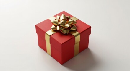 Obraz premium Wrapped red gift box with golden ribbon and bow on white surface, angled