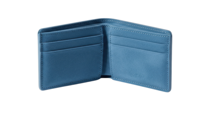 Empty Open Blue Leather Bi-Fold Wallet Product Shot Isolated on White Background