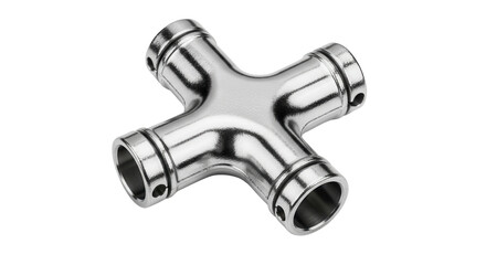 Shiny Stainless Steel 4-Way Tube Connector Hardware Product Shot Isolated on White